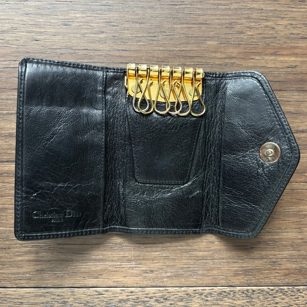Vintage Christian Dior Key case 6 Key holder Black Gold leather Authentic